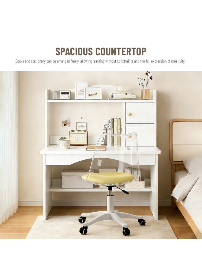 شويوين مكتب كتابة منزلي، طاولة مكتب، مكتب أبيض عصري مع خزانة علوية وأدراج، مع أرفف تخزين، طاولة دراسة لغرفة النوم، مناسب للمساحات الصغيرة - Image 4